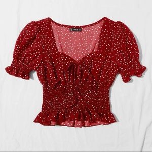 Tie Front Frill Trim Shirred Polka Top